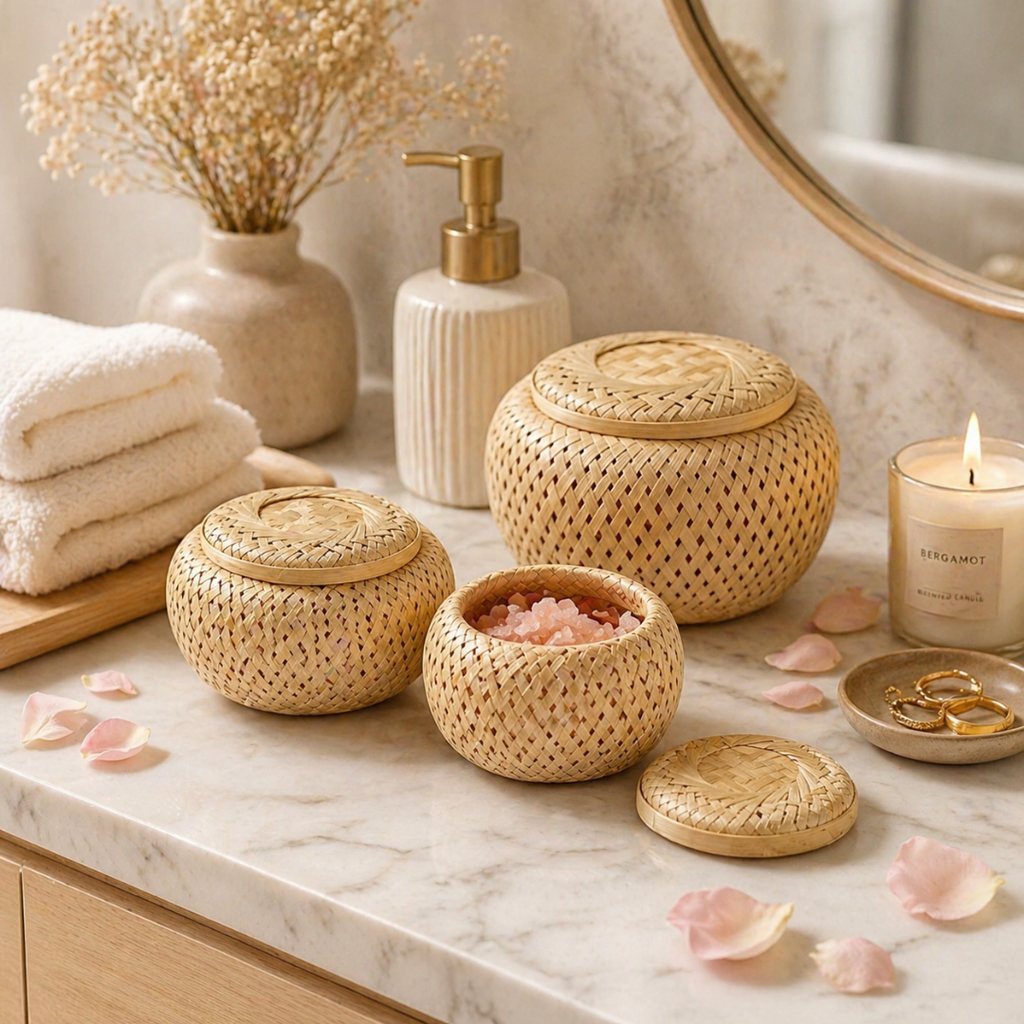 Handwoven Bamboo Storage Basket with Lid | Natural Home Organiser