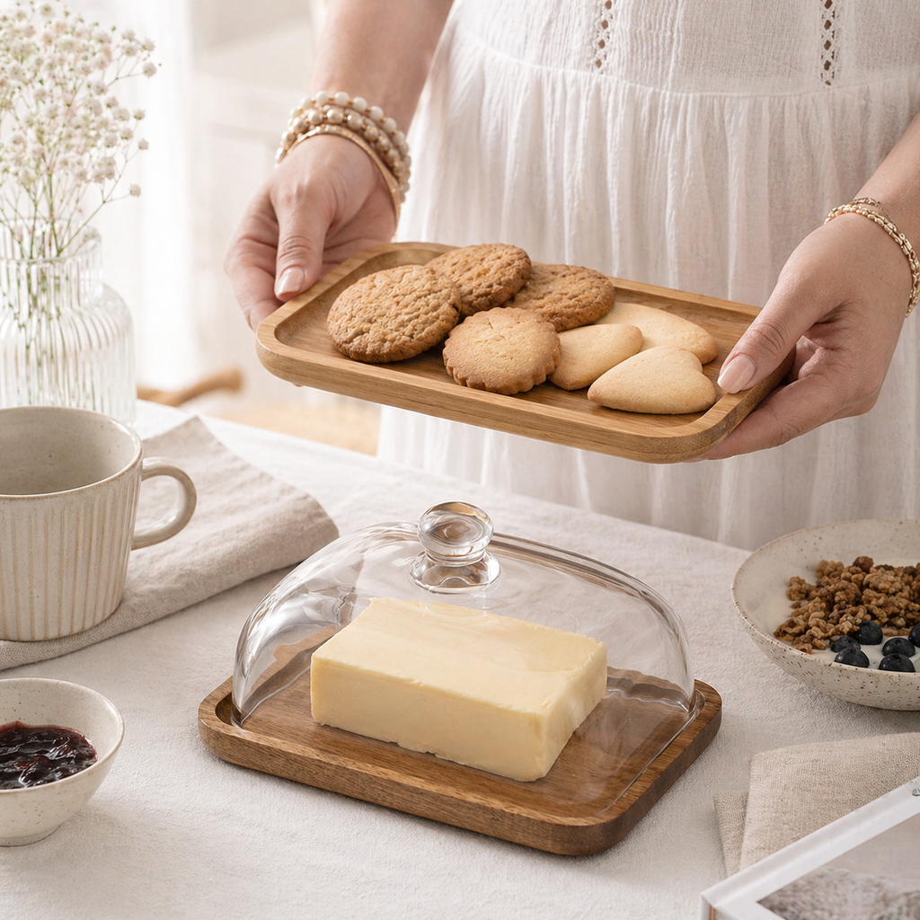 Bamboo & Glass Cake Stand | Serving Plate with Optional Cover