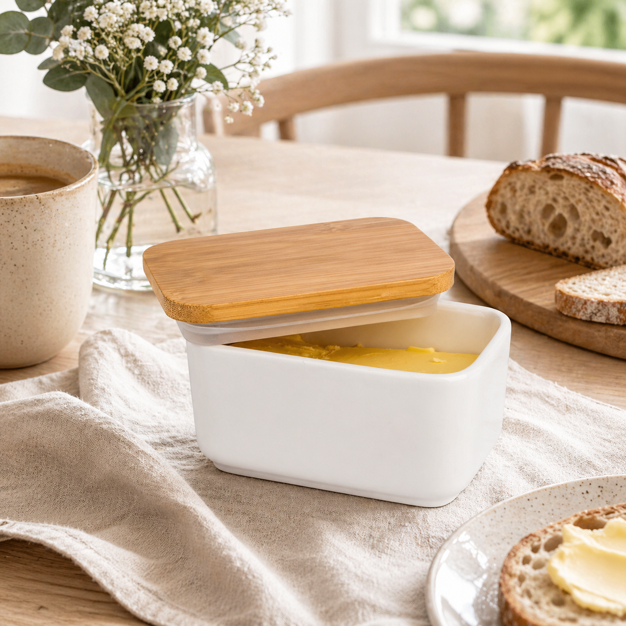Butter Dish with Wooden Lid | Airtight Keeper for Countertop or Fridge