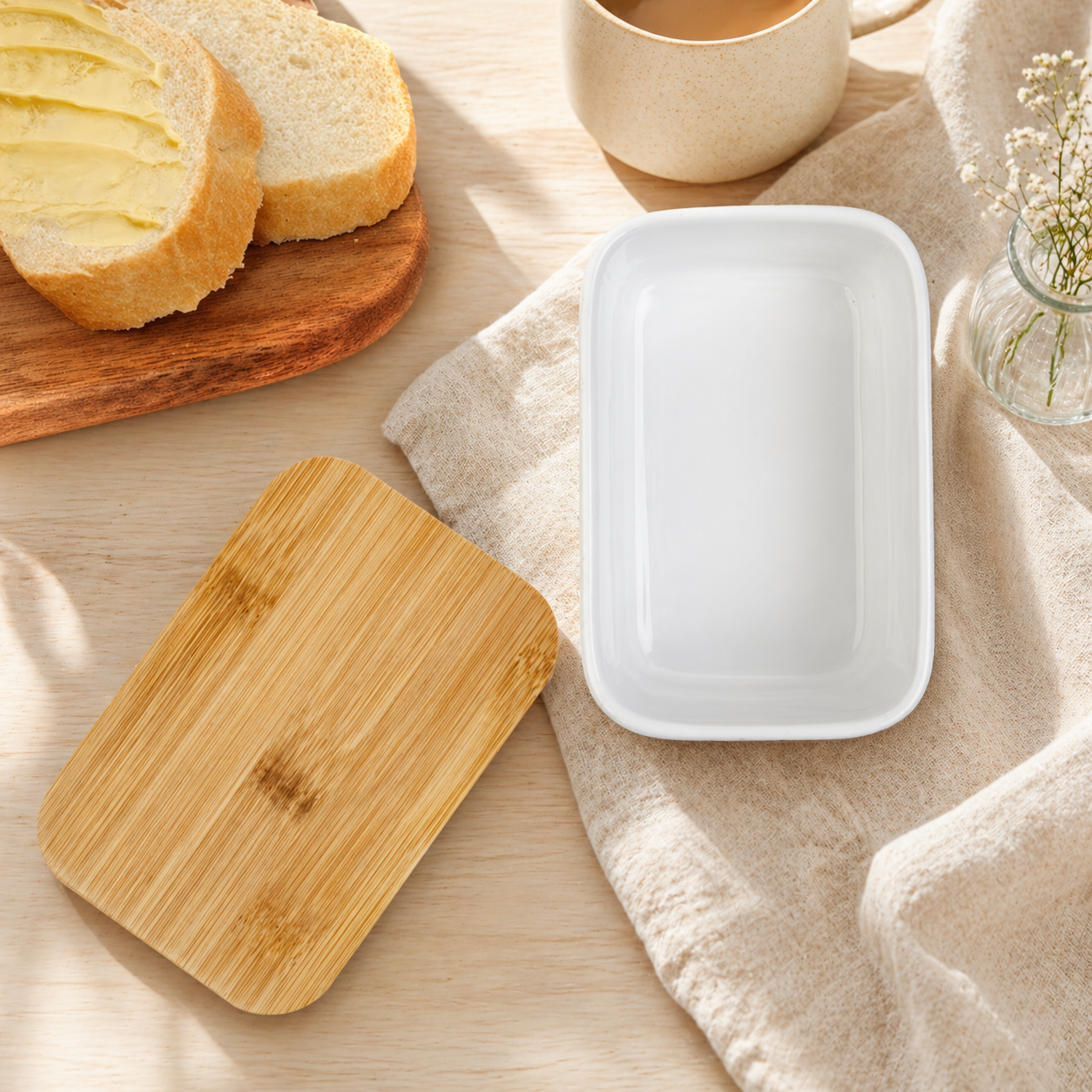 Butter Dish with Wooden Lid | Airtight Keeper for Countertop or Fridge