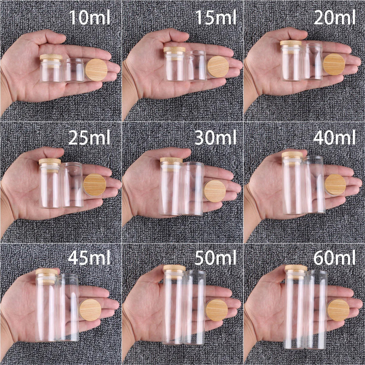Mini Glass Bottles with Bamboo Caps | Set of 12 | Spice Jars & DIY Crafts