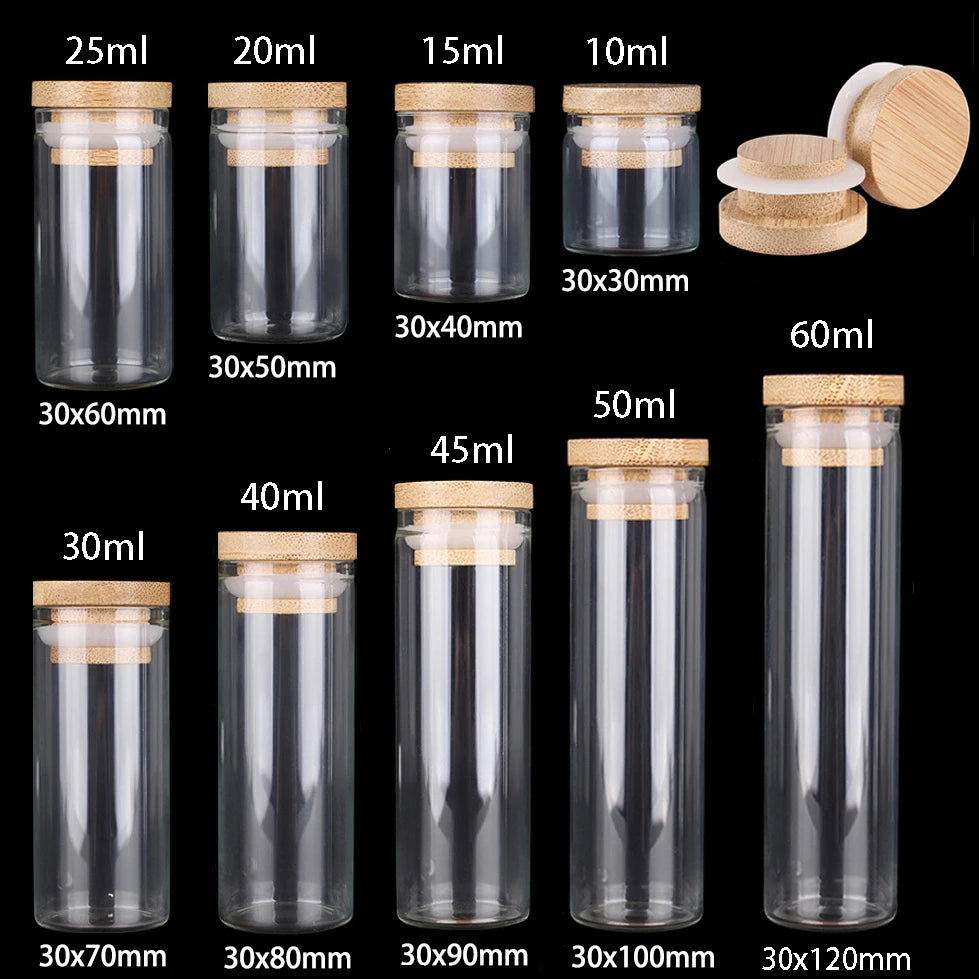Mini Glass Bottles with Bamboo Caps | Set of 12 | Spice Jars & DIY Crafts