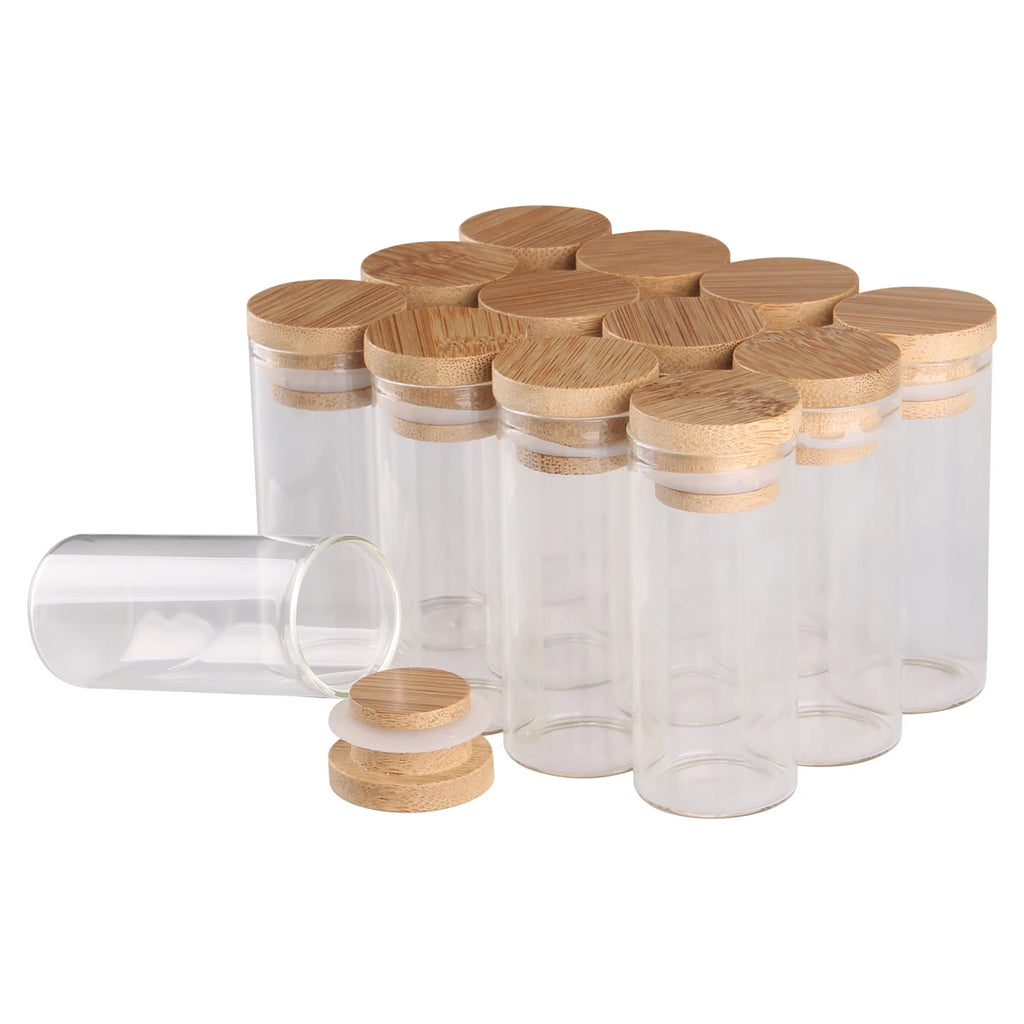 Mini Glass Bottles with Bamboo Caps | Set of 12 | Spice Jars & DIY Crafts