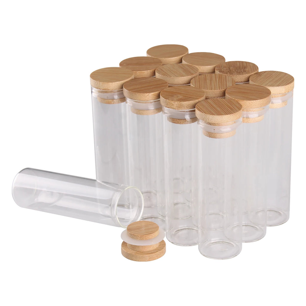 Mini Glass Bottles with Bamboo Caps | Set of 12 | Spice Jars & DIY Crafts
