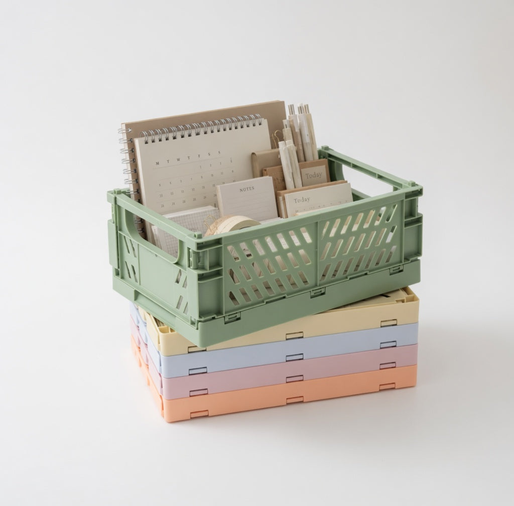 Foldable Plastic Storage Basket | Desktop & Home Organiser | 4 Colours