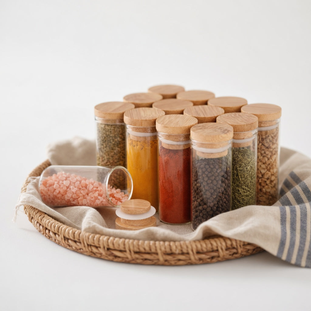 Mini Glass Bottles with Bamboo Caps | Set of 12 | Spice Jars & DIY Crafts