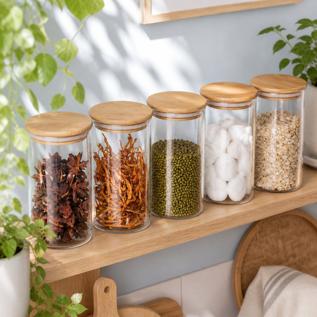 Glass Storage Jars with Bamboo Lids | Set of 5 | Airtight Kitchen Canisters