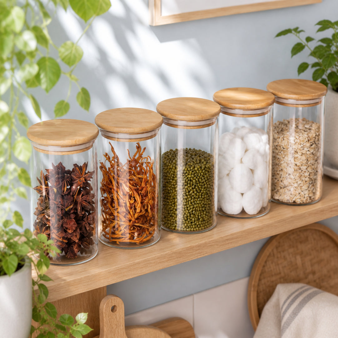 Glass Storage Jars with Bamboo Lids | Set of 5 | Airtight Kitchen Canisters