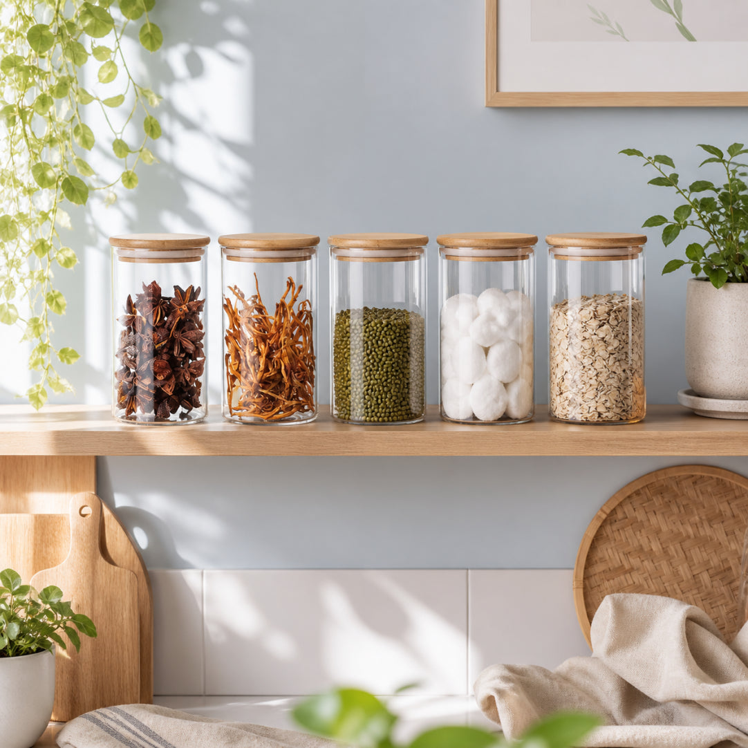 Glass Storage Jars with Bamboo Lids | Set of 5 | Airtight Kitchen Canisters