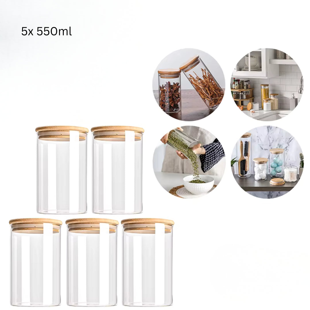 Glass Storage Jars with Bamboo Lids | Set of 5 | Airtight Kitchen Canisters