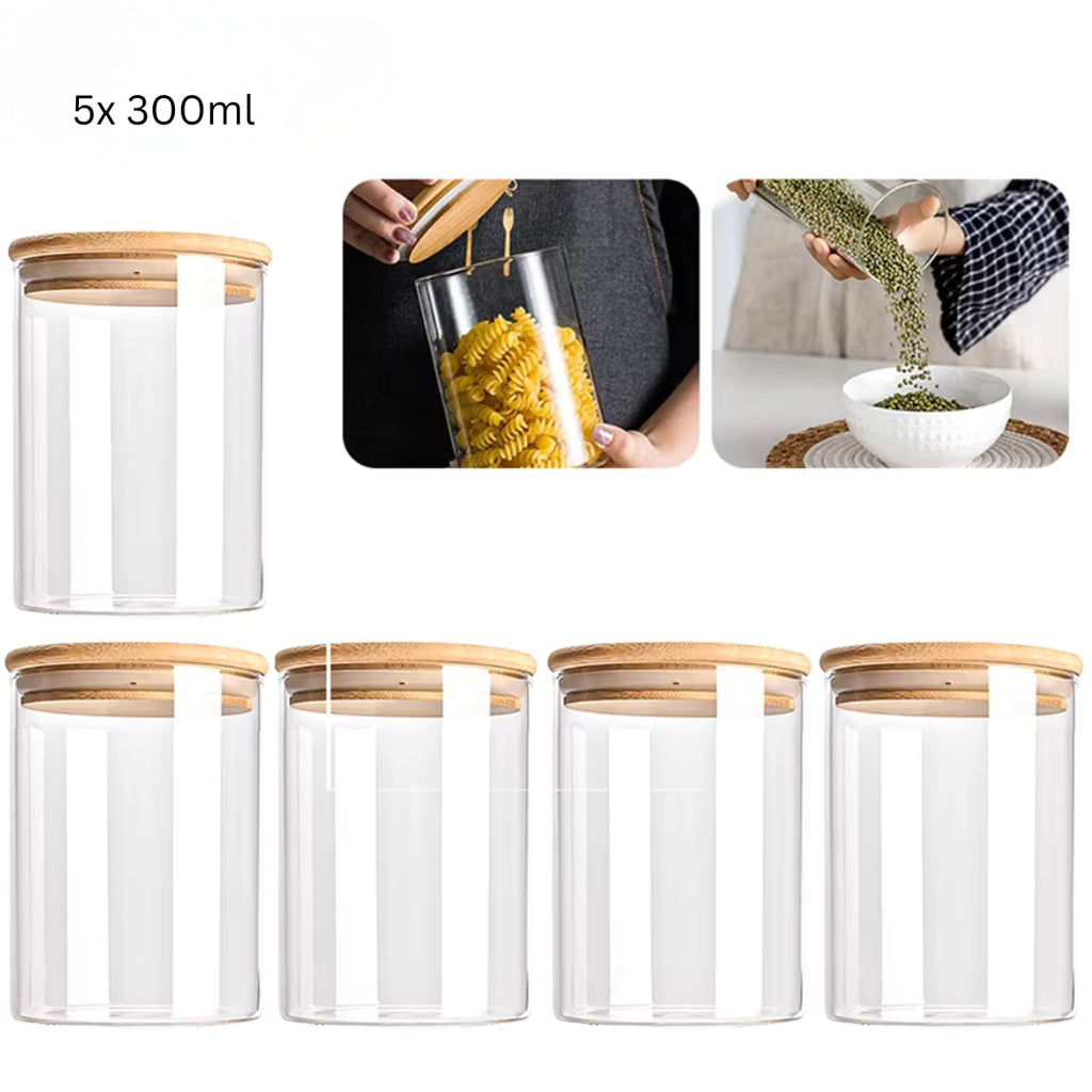 Glass Storage Jars with Bamboo Lids | Set of 5 | Airtight Kitchen Canisters