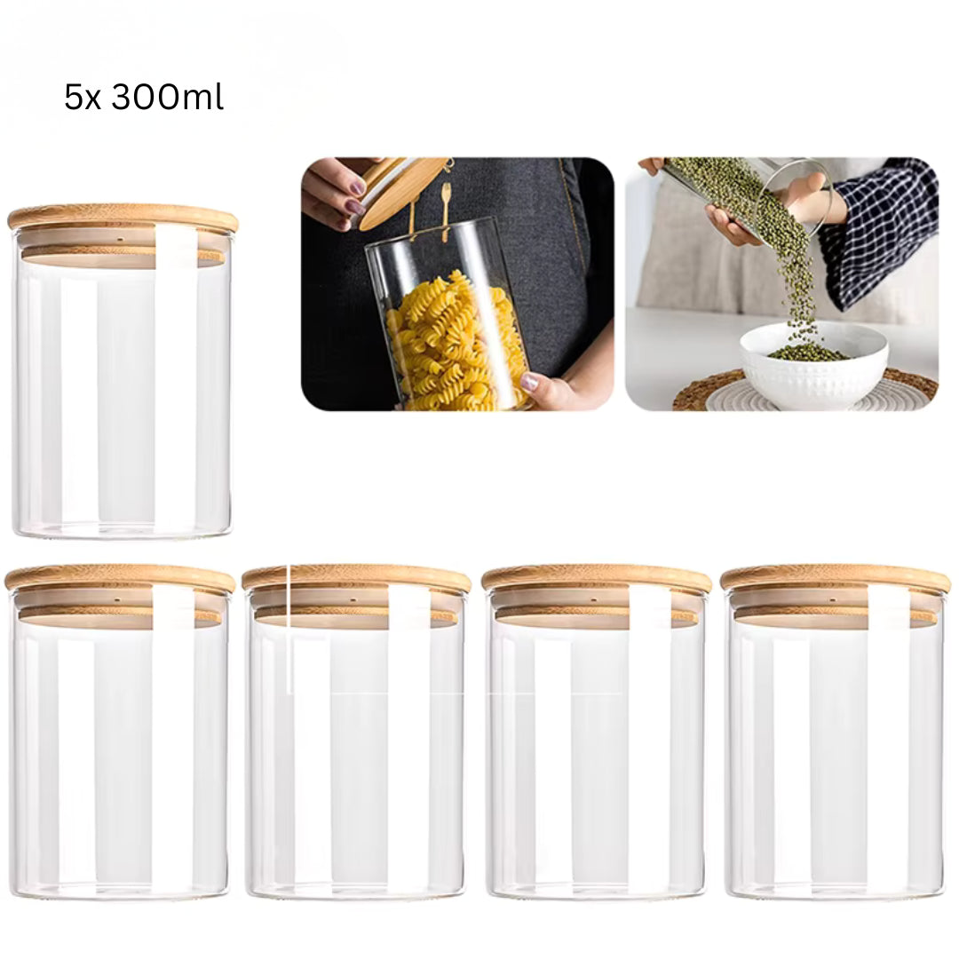 Glass Storage Jars with Bamboo Lids | Set of 5 | Airtight Kitchen Canisters