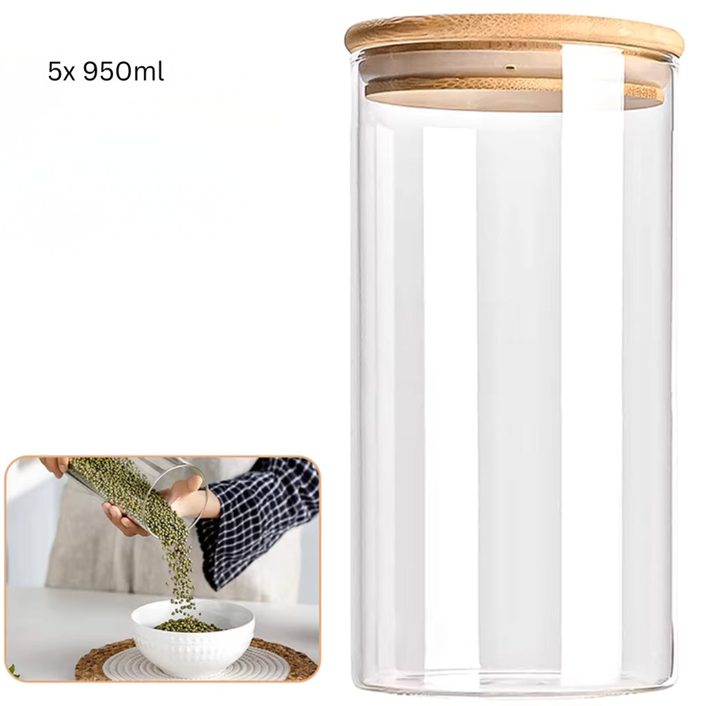 Glass Storage Jars with Bamboo Lids | Set of 5 | Airtight Kitchen Canisters