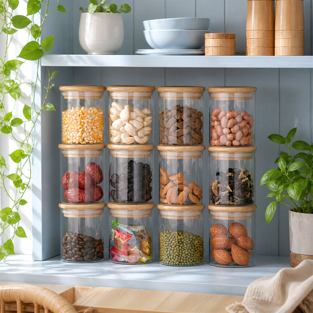 Glass Jars with Bamboo Lids | Set of 12 | 250ml Food Storage Containers