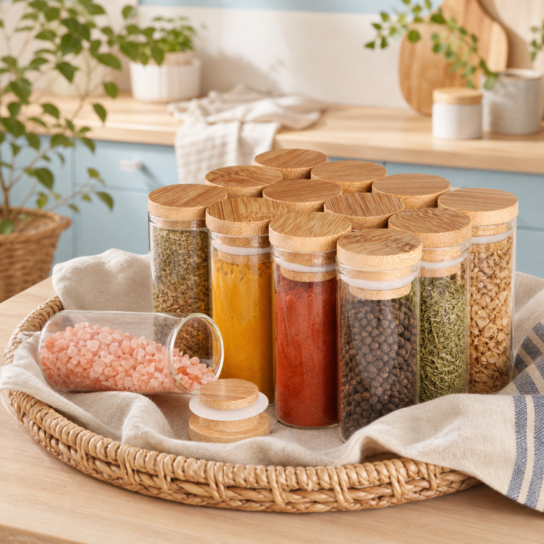 Mini Glass Bottles with Bamboo Caps | Set of 12 | Spice Jars & DIY Crafts