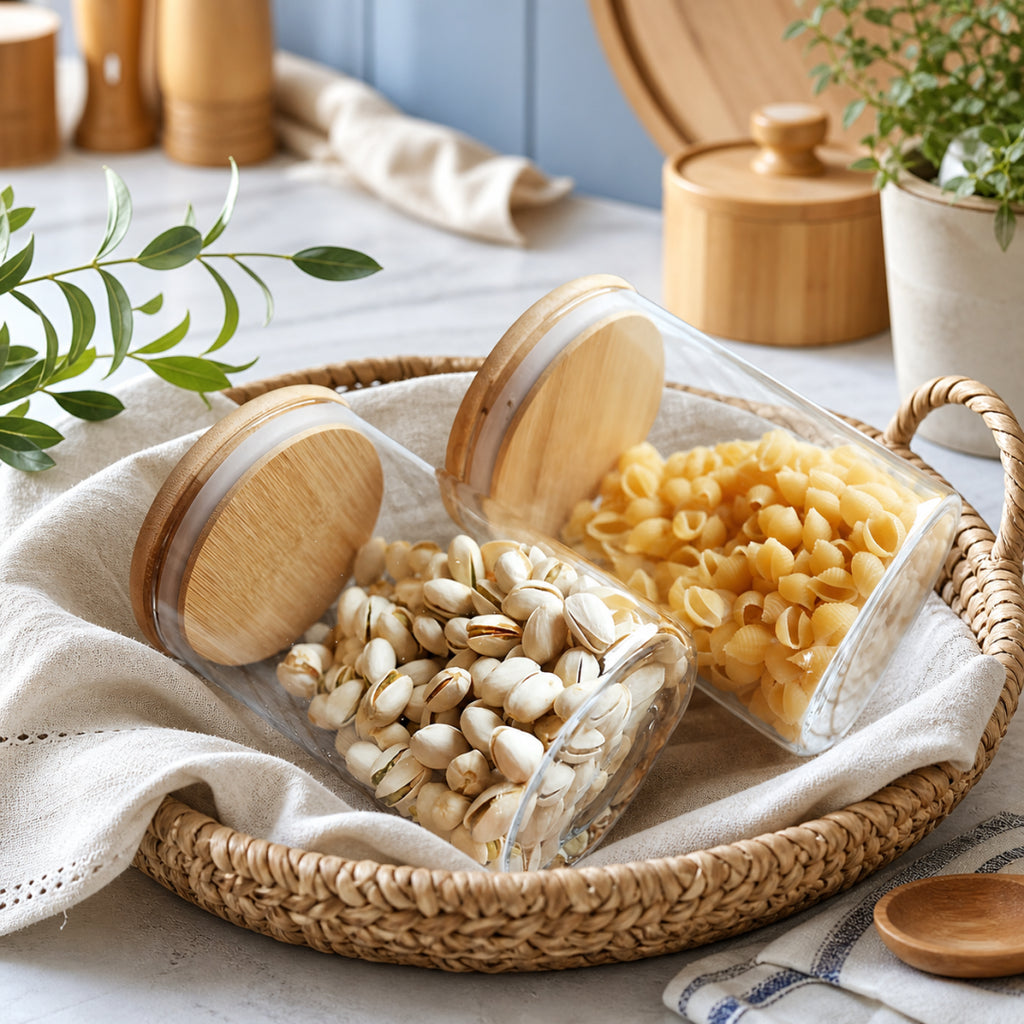 Round Glass Storage Jar with Bamboo Lid | Airtight Kitchen Canister