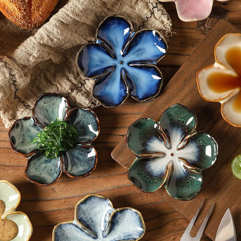 Flower-Shaped Ceramic Dipping Dish | Handmade Kiln-Fired Serving Plate