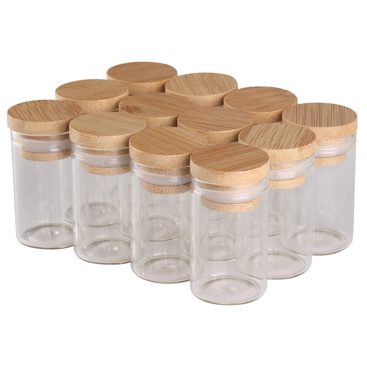 Mini Glass Bottles with Bamboo Caps | Set of 12 | Spice Jars & DIY Crafts