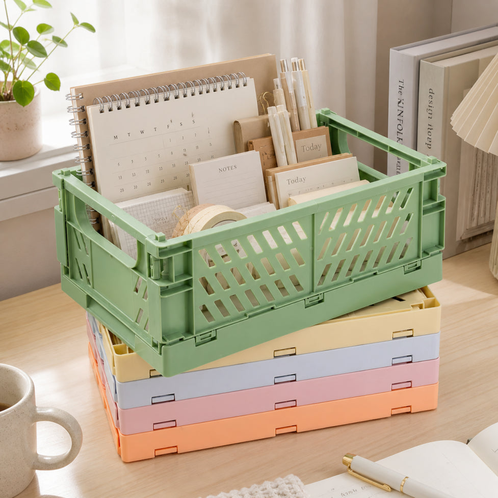 Foldable Plastic Storage Basket | Desktop & Home Organiser | 4 Colours