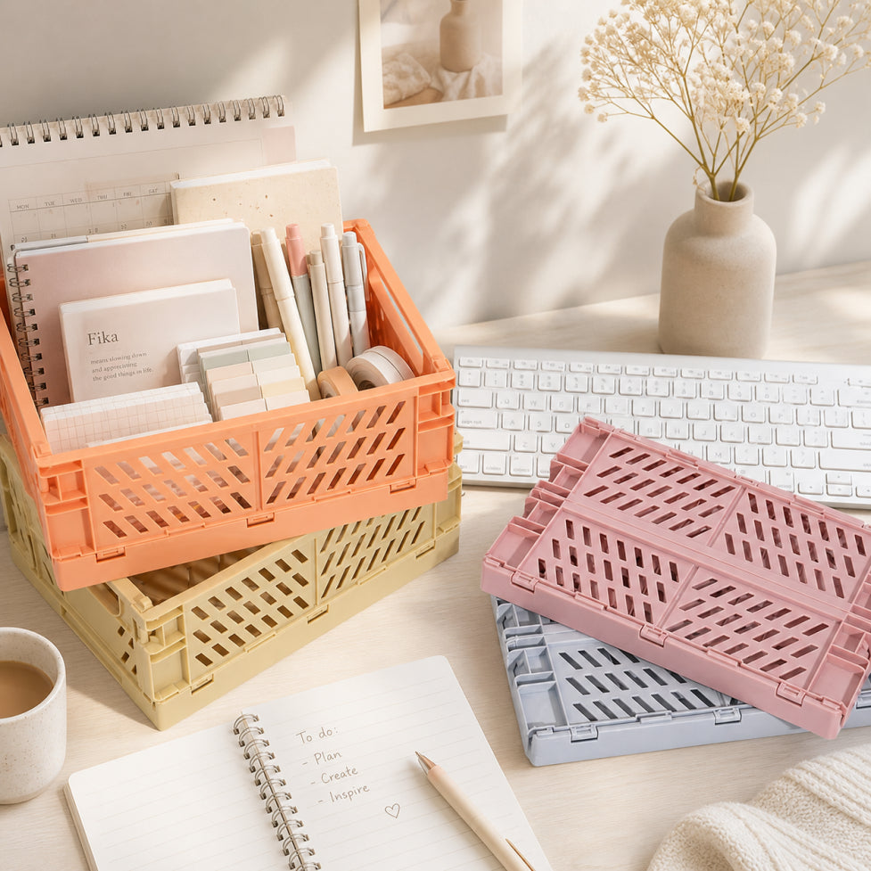 Foldable Plastic Storage Basket | Desktop & Home Organiser | 4 Colours