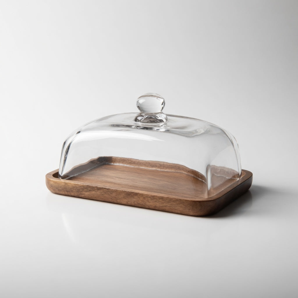 Bamboo & Glass Cake Stand | Serving Plate with Optional Cover