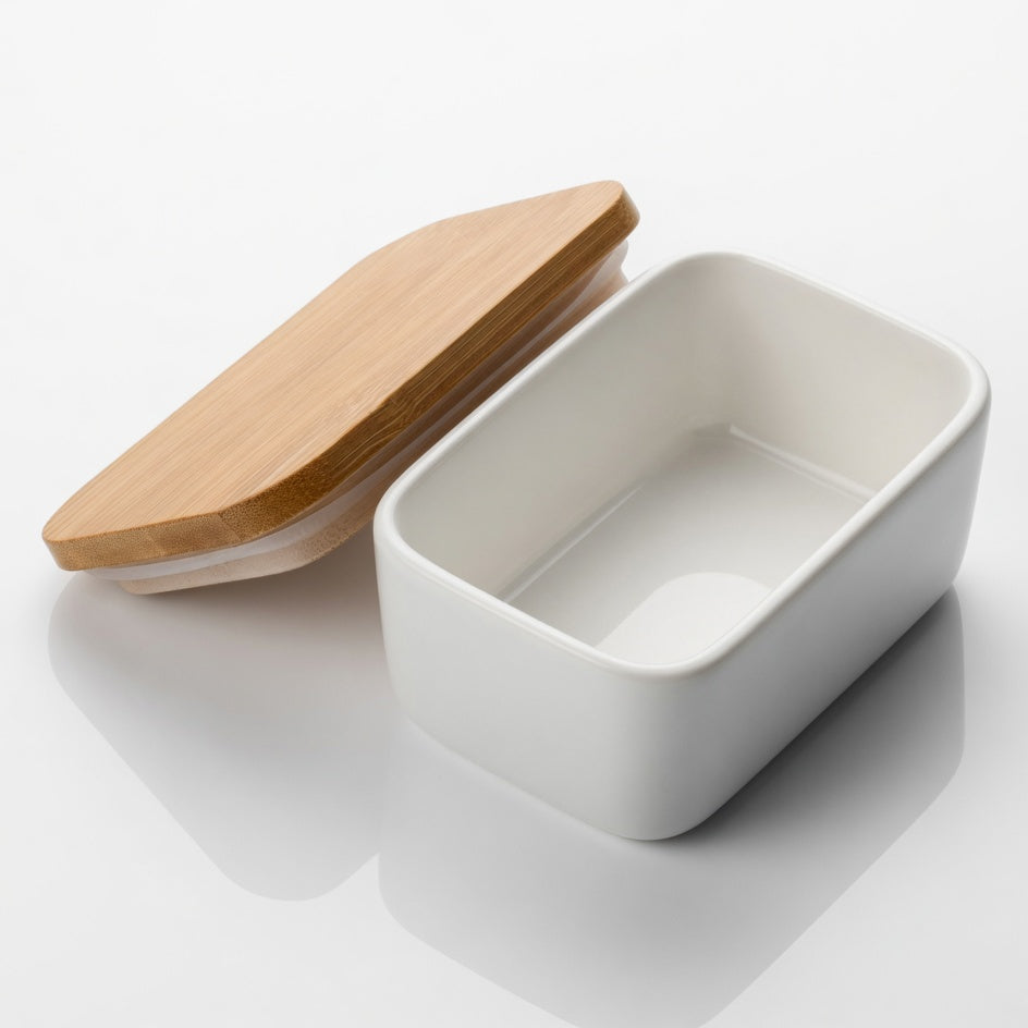 Butter Dish with Wooden Lid | Airtight Keeper for Countertop or Fridge