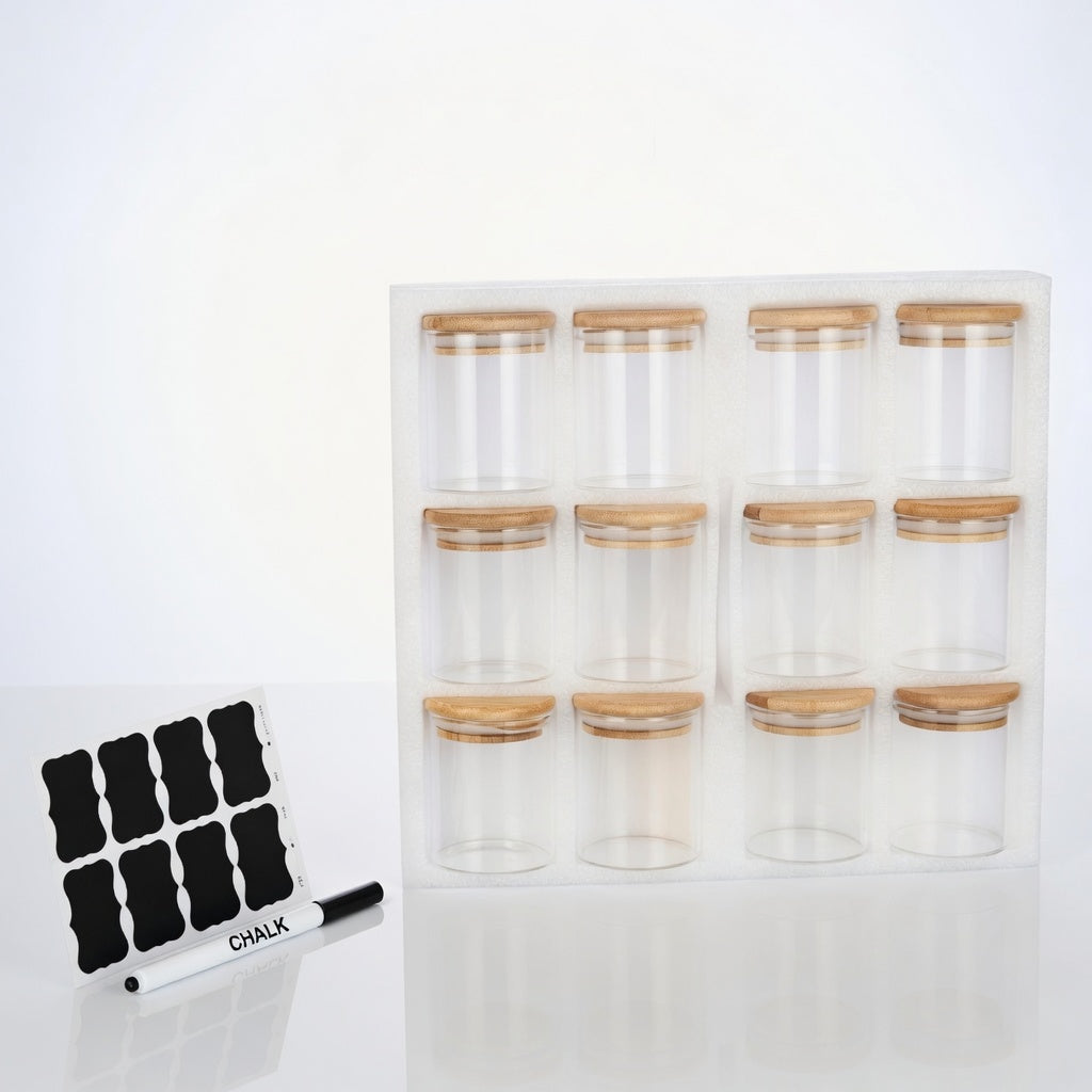 Glass Jars with Bamboo Lids | Set of 12 | 250ml Food Storage Containers
