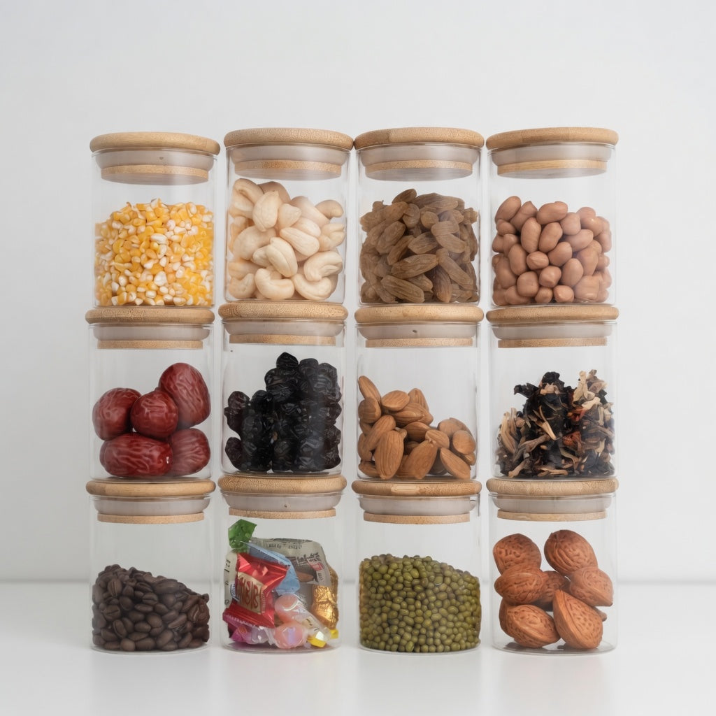Glass Jars with Bamboo Lids | Set of 12 | 250ml Food Storage Containers